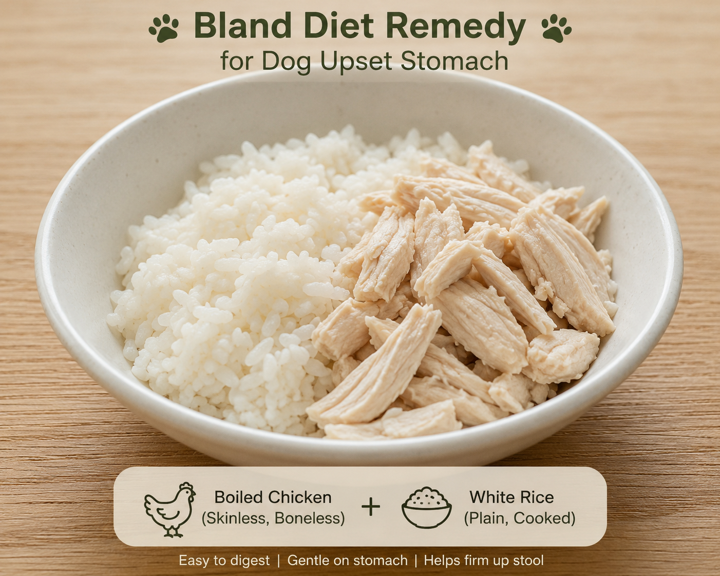 bowl of boiled chicken and white rice as bland diet remedy for dog upset stomach